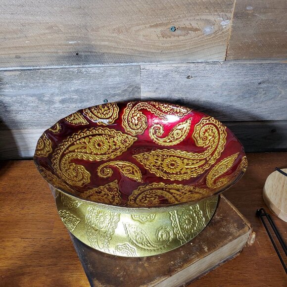 Large Red Pomegranate Paisley Oval Bowl Red Guilded Gold - 12 x 9" - Picture 1 of 7